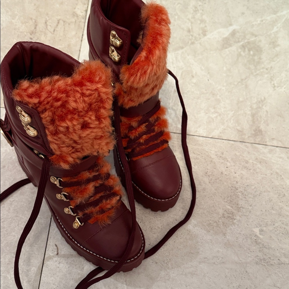 Cult Gaia Burgundy Leather and Orange Shearling lined Winter Boots